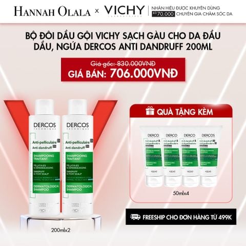  C34_DEAL 9: BỘ ĐÔI DẦU GỘI VICHY SẠCH GÀU CHO DA ĐẦU DẦU, NGỨA DERCOS ANTI DANDRUFF 200ML 
