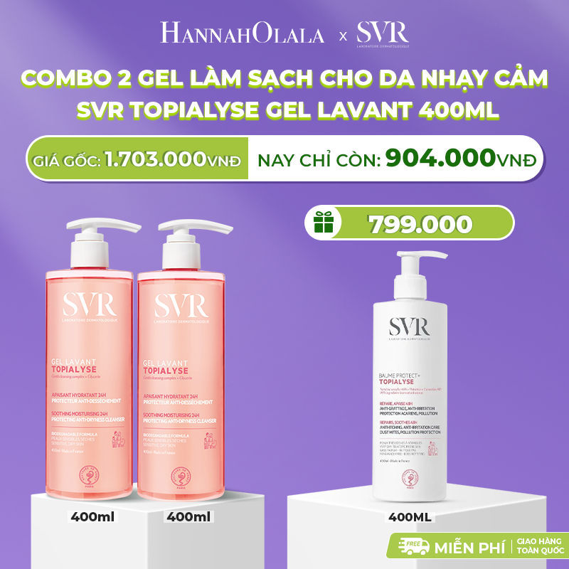 E12: deal 09: combo 2 gel làm sạch cho da nhạy cảm, da khô và viêm da cơ địa svr topialyse gel lavant 400ml