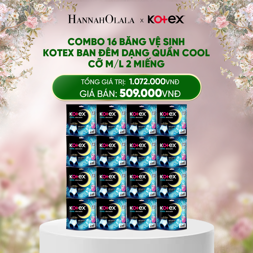  E997_DEAL 9: COMBO 16 BĂNG VỆ SINH KOTEX BAN ĐÊM DẠNG QUẦN COOL CỠ M/L 2 MIẾNG 