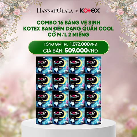  E997_DEAL 9: COMBO 16 BĂNG VỆ SINH KOTEX BAN ĐÊM DẠNG QUẦN COOL CỠ M/L 2 MIẾNG 