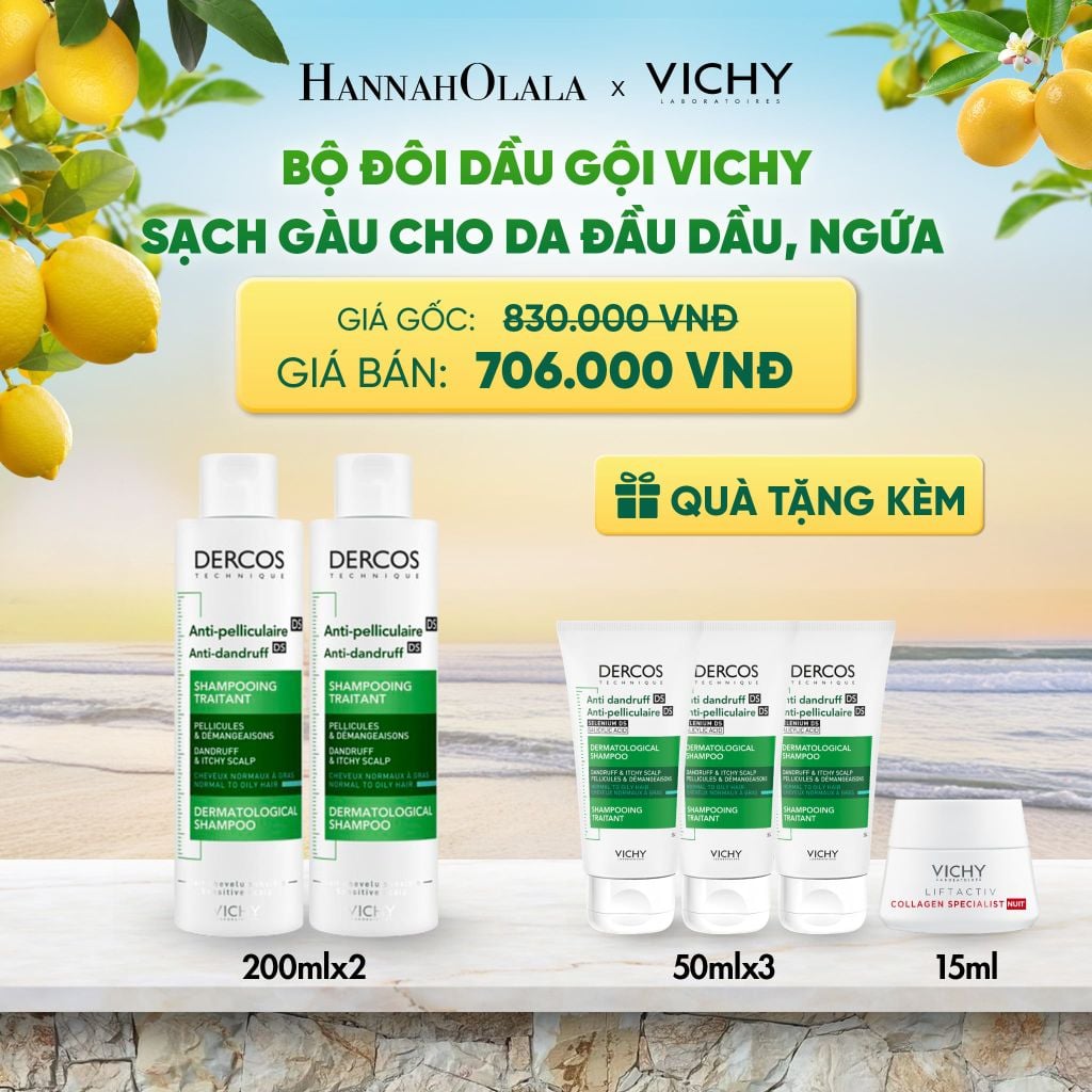  BỘ ĐÔI DẦU GỘI VICHY SẠCH GÀU CHO DA ĐẦU DẦU, NGỨA DERCOS ANTI DANDRUFF 200ML DEAL 9 