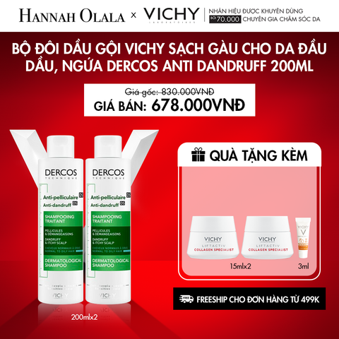  DEAL 5: BỘ ĐÔI DẦU GỘI VICHY SẠCH GÀU CHO DA ĐẦU DẦU, NGỨA DERCOS ANTI DANDRUFF 200ML 