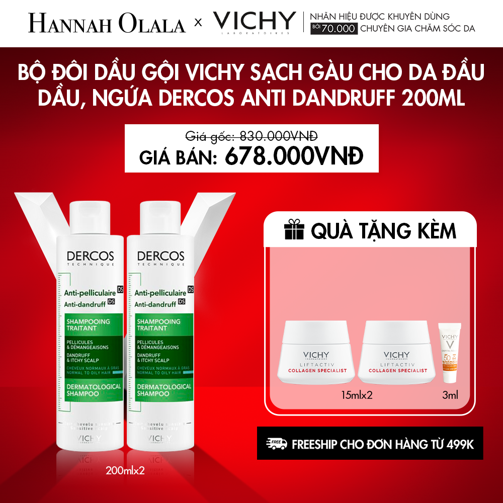  DEAL 5: BỘ ĐÔI DẦU GỘI VICHY SẠCH GÀU CHO DA ĐẦU DẦU, NGỨA DERCOS ANTI DANDRUFF 200ML 