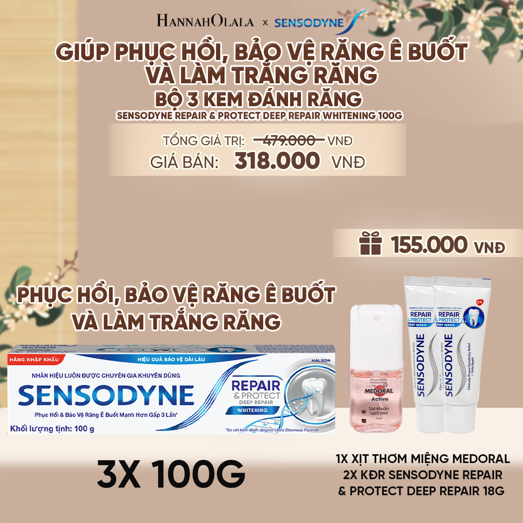  BỘ 3 KEM ĐÁNH RĂNG SENSODYNE REPAIR & PROTECT DEEP REPAIR WHITENING 100G PHỤC HỒI, BẢO VỆ RĂNG Ê BUỐT VÀ LÀM TRẮNG RĂNG - A2636 