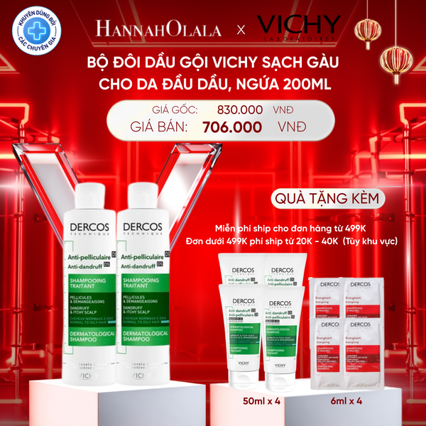  D46: DEAL 9 BỘ ĐÔI DẦU GỘI VICHY SẠCH GÀU CHO DA ĐẦU DẦU, NGỨA DERCOS ANTI DANDRUFF 200ML 