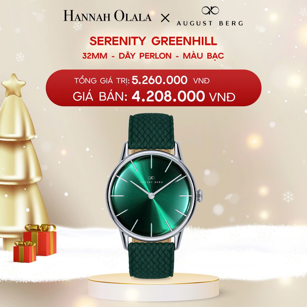  DEAL 9: ĐỒNG HỒ ĐAN MẠCH AUGUST BERG - MẶT SERENITY GREENHILL 32MM VIỀN MÀU BẠC - DÂY PERLON 