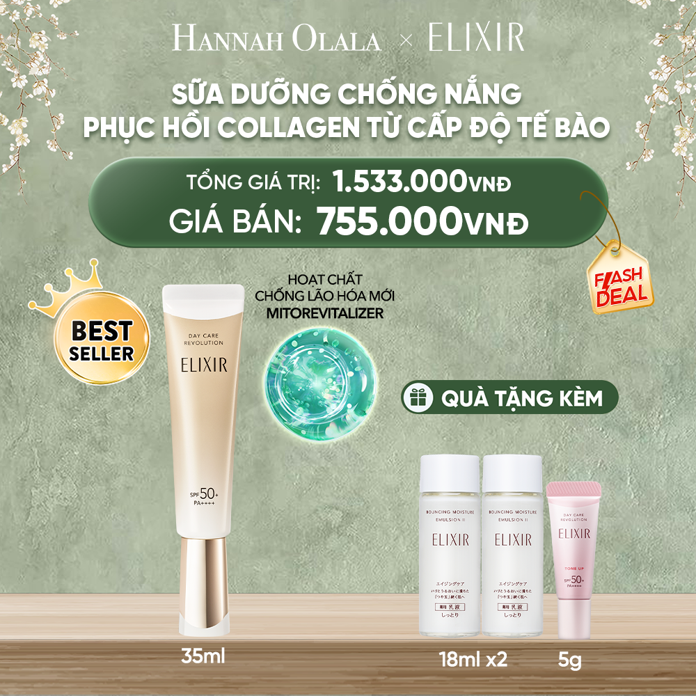  DEAL 9: [THẾ HỆ MỚI] KEM CHỐNG NẮNG DẠNG SỮA PHỤC HỒI COLLAGEN TỪ CẤP ĐỘ TẾ BÀO ELIXIR DAY CARE REVOLUTION SPF50+ 35ML 