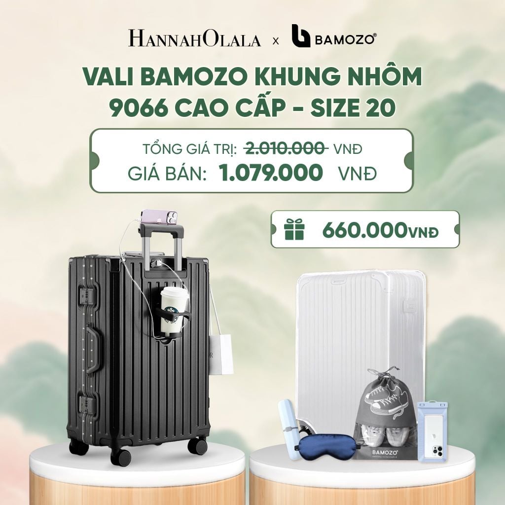  VALI BAMOZO KHUNG NHÔM 9066 BẢN CAO CẤP (TẶNG BỌC VALI CC TRONG SUỐT + HỘP ĐỰNG BÀN CHẢI + TÚI ĐỰNG GIÀY XÁM + TÚI ĐỰNG ĐT CHỐNG NƯỚC + BỊT MẮT) - DEAL 2 - A746 