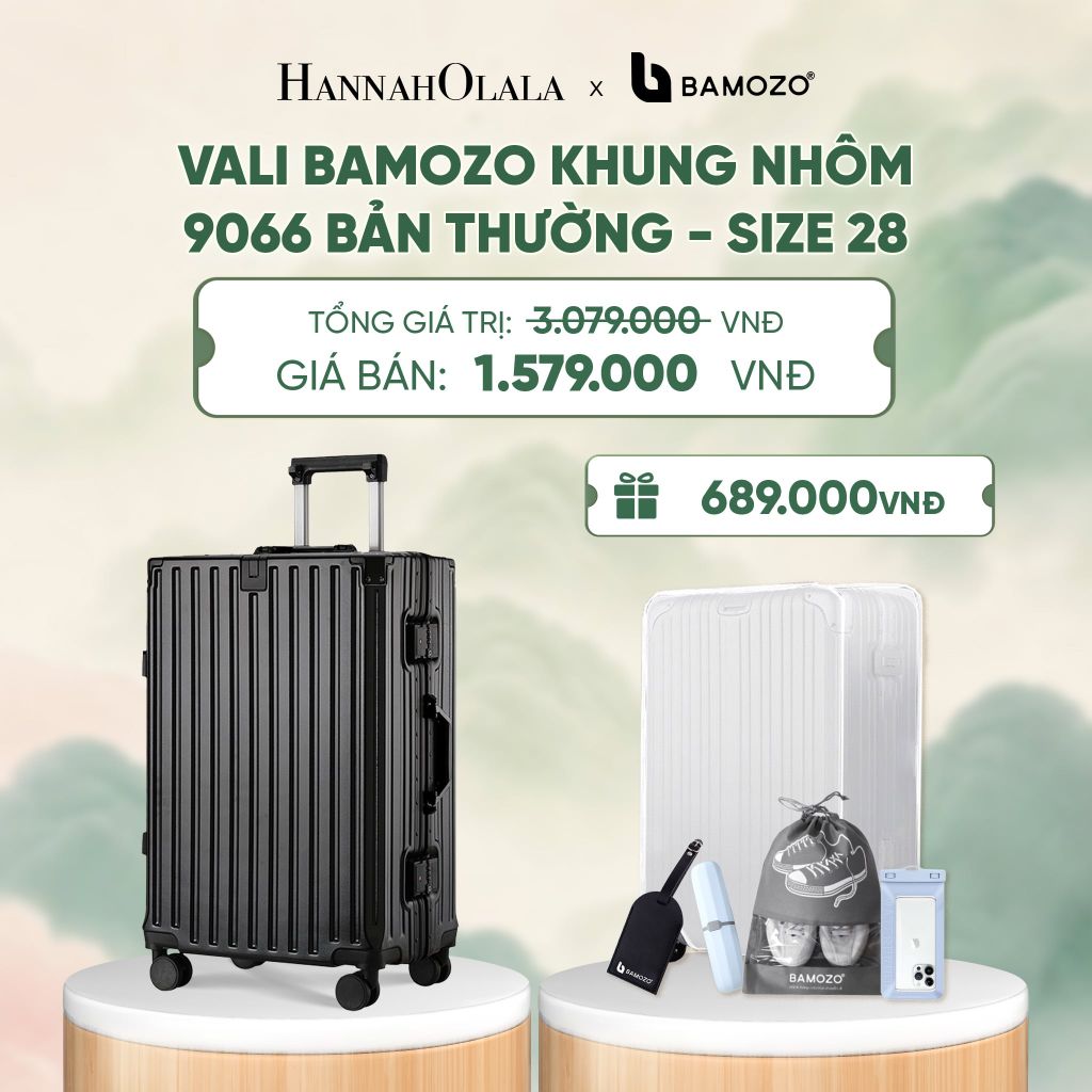  VALI BAMOZO KHUNG NHÔM 9066 BẢN THƯỜNG (TẶNG BỌC VALI TRONG SUỐT + TAG HÀNH LÝ DA + TÚI ĐỰNG GIÀY + HỘP ĐỰNG BÀN CHẢI + TÚI ĐỰNG ĐT CHỐNG NƯỚC) - DEAL 3 - A764 
