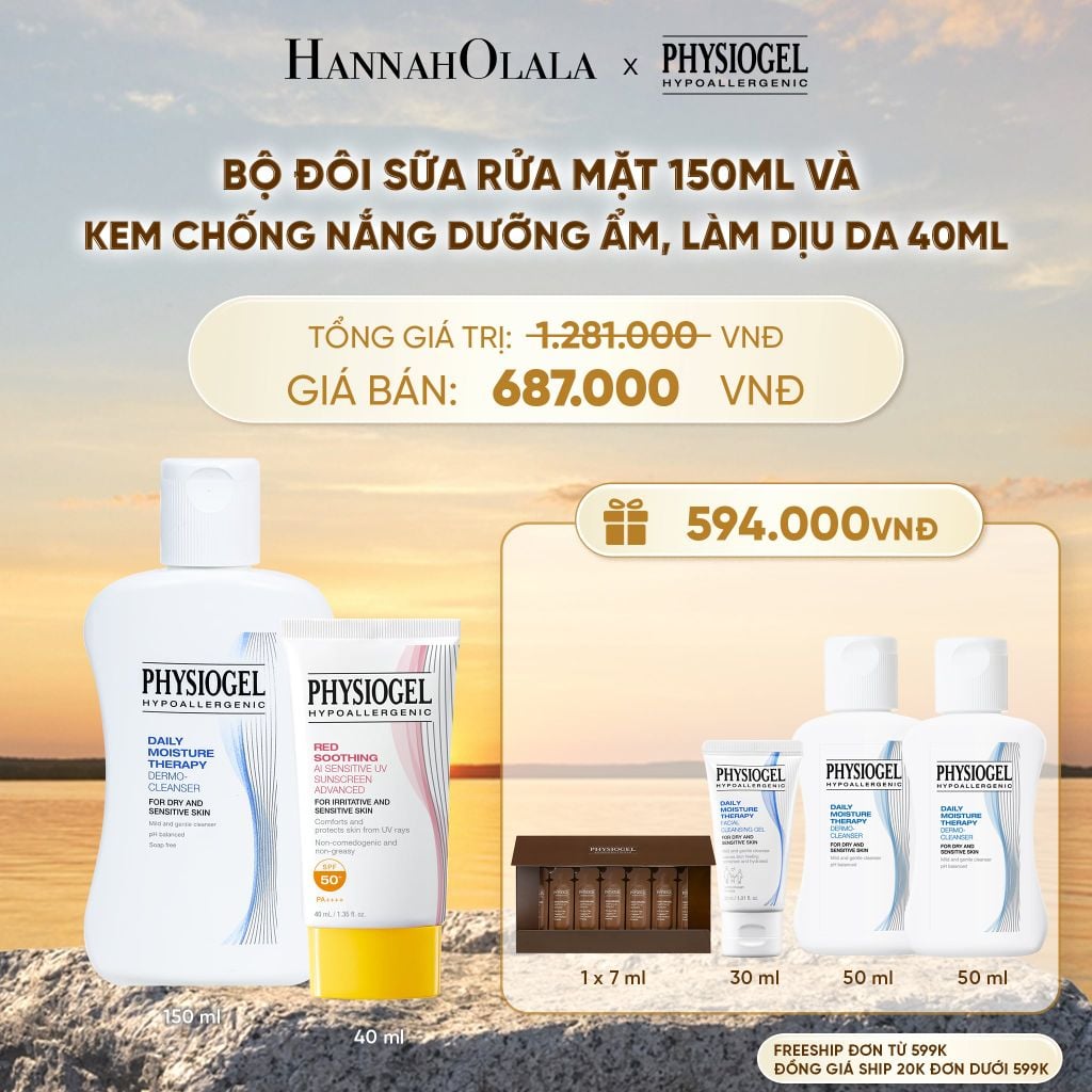  BỘ ĐÔI LÀM SẠCH VÀ CHỐNG NẮNG PHYSIOGEL: SỮA RỬA MẶT 150ML VÀ KEM CHỐNG NẮNG DƯỠNG ẨM VÀ LÀM DỊU DA PHYSIOGEL RED SOOTHING AI 40ML - B616 