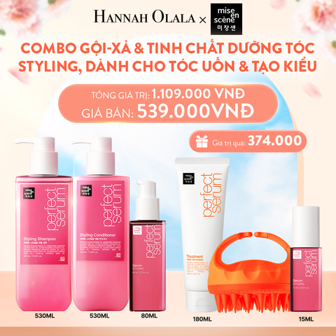  A559_DEAL 3: COMBO GỘI XẢ 530ML VÀ TINH CHẤT 80ML MISE EN SCENE PERFECT SERUM STYLING DƯỠNG TÓC SUÔN MƯỢT, DỄ VÀO NẾP DÀNH CHO TÓC UỐN 