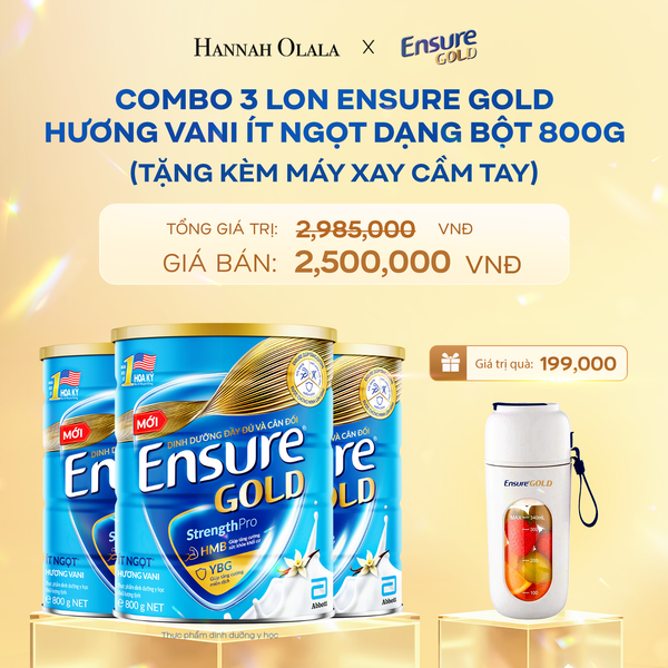  DEAL 10: COMBO 3 LON ENSURE GOLD DẠNG BỘT 800G (VANI ÍT NGỌT) + TẶNG MÁY XAY CẦM TAY 