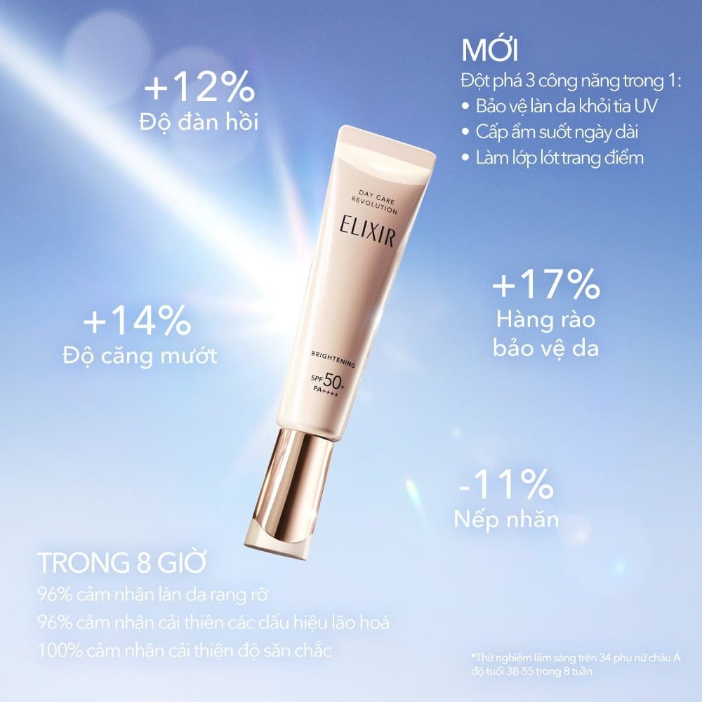 A48: DEAL 14: SỮA CHỐNG NẮNG DƯỠNG SÁNG PHỤC HỒI COLLAGEN TỪ CẤP ĐỘ TẾ BÀO ELIXIR DAY CARE REVOLUTION SPF50+ 35ML 