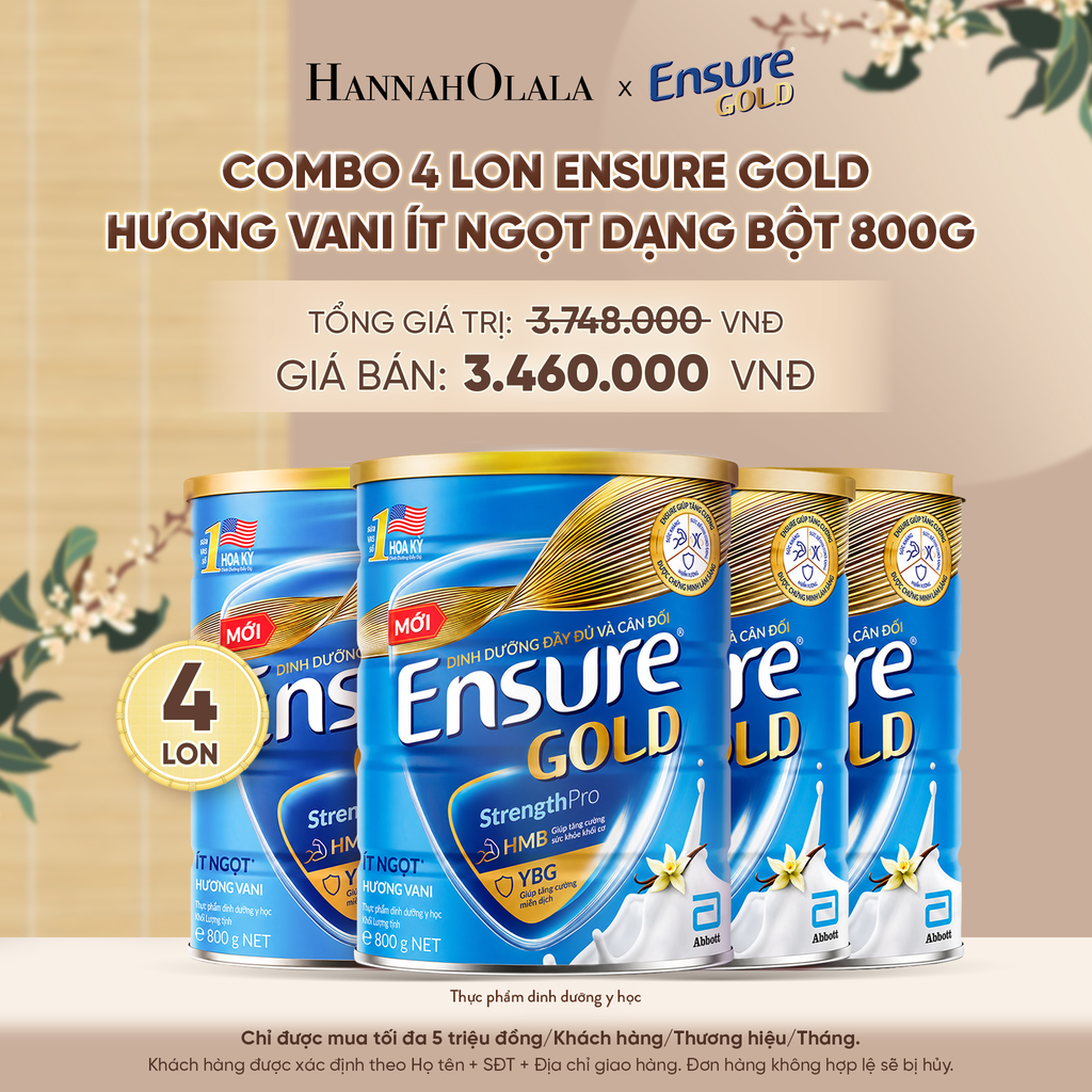  COMBO 4 LON ENSURE GOLD HƯƠNG VANI ÍT NGỌT DẠNG BỘT 800G DEAL 10: - A735 