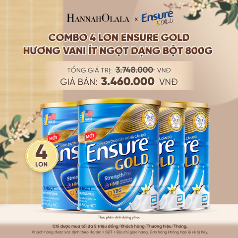  COMBO 4 LON ENSURE GOLD HƯƠNG VANI ÍT NGỌT DẠNG BỘT 800G DEAL 10: - A735 