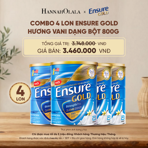  COMBO 4 LON ENSURE GOLD HƯƠNG VANI ÍT NGỌT DẠNG BỘT 800G DEAL 10: - D3 