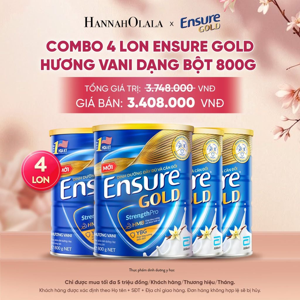  COMBO 4 LON ENSURE GOLD HƯƠNG VANI ÍT NGỌT DẠNG BỘT 800G DEAL 10: - A1691 