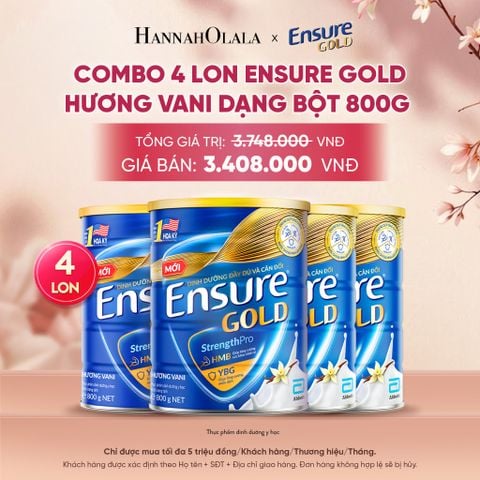  COMBO 4 LON ENSURE GOLD HƯƠNG VANI ÍT NGỌT DẠNG BỘT 800G DEAL 10: - A1691 