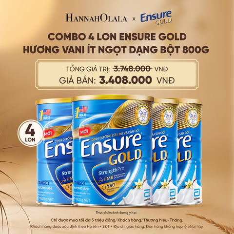  COMBO 4 LON ENSURE GOLD HƯƠNG VANI ÍT NGỌT DẠNG BỘT 800G DEAL 10: - E145 
