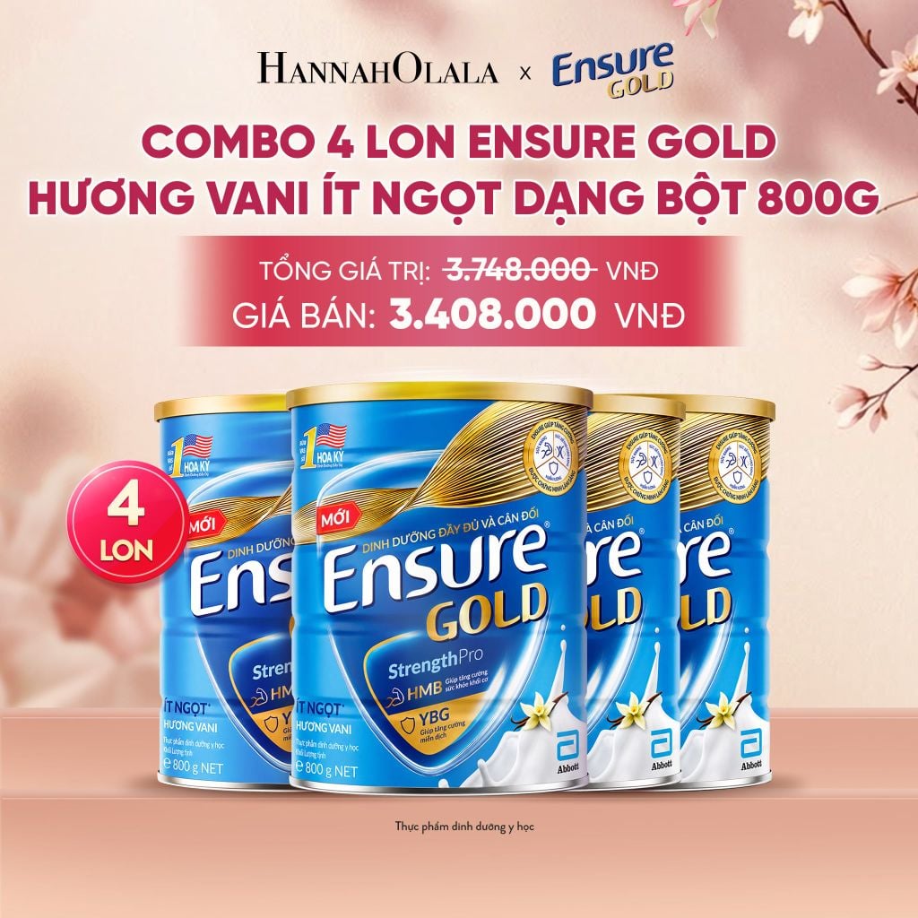  COMBO 4 LON ENSURE GOLD HƯƠNG VANI ÍT NGỌT DẠNG BỘT 800G DEAL 10: - A1691 