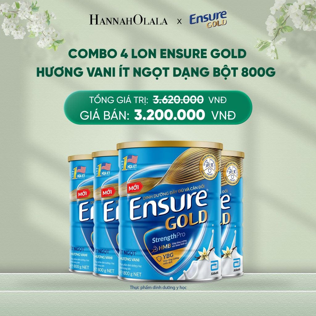  DEAL 13: COMBO 4 LON ENSURE GOLD HƯƠNG VANI ÍT NGỌT DẠNG BỘT 800G 