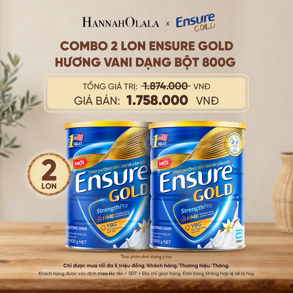  COMBO 2 LON ENSURE GOLD HƯƠNG VANI DẠNG BỘT 800G DEAL 4: - D13 