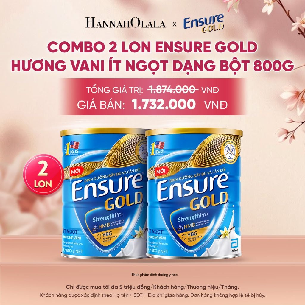  COMBO 2 LON ENSURE GOLD HƯƠNG VANI ÍT NGỌT DẠNG BỘT 800G DEAL 5: - A805 