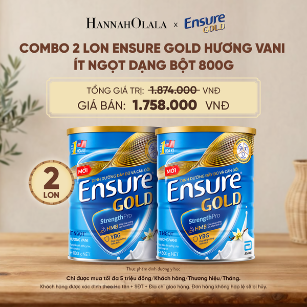  COMBO 2 LON ENSURE GOLD HƯƠNG VANI ÍT NGỌT DẠNG BỘT 800G DEAL 5: - D15 