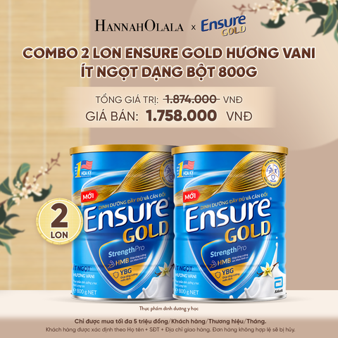  COMBO 2 LON ENSURE GOLD HƯƠNG VANI ÍT NGỌT DẠNG BỘT 800G DEAL 5: - A747 