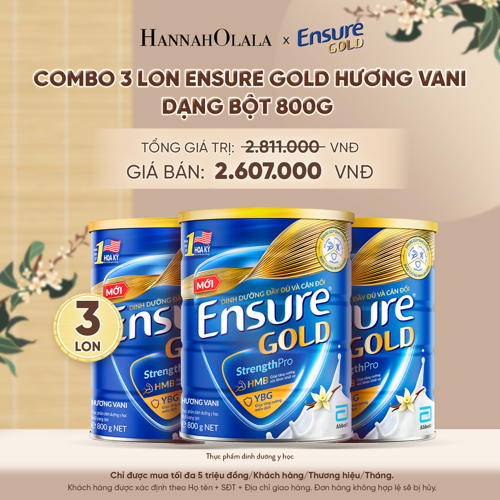  COMBO 3 LON ENSURE GOLD HƯƠNG VANI DẠNG BỘT 800G DEAL 7: - A751 
