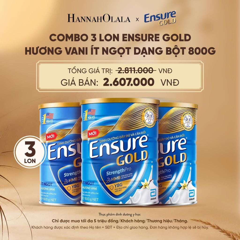  COMBO 3 LON ENSURE GOLD HƯƠNG VANI ÍT NGỌT DẠNG BỘT 800G DEAL 8: - E93 