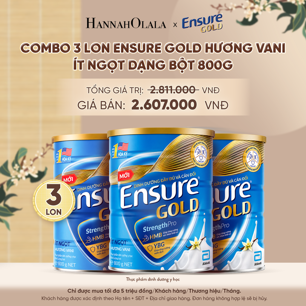  COMBO 3 LON ENSURE GOLD HƯƠNG VANI ÍT NGỌT DẠNG BỘT 800G DEAL 8: - A753 