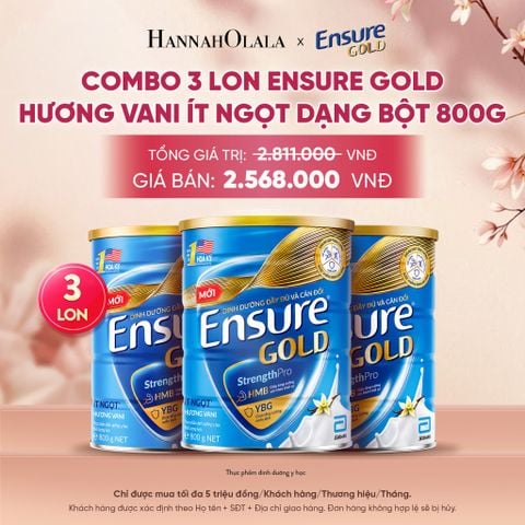  COMBO 3 LON ENSURE GOLD HƯƠNG VANI ÍT NGỌT DẠNG BỘT 800G DEAL 8: - A1926 