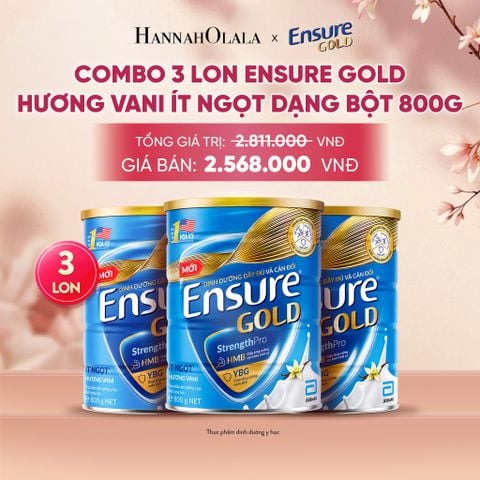  COMBO 3 LON ENSURE GOLD HƯƠNG VANI ÍT NGỌT DẠNG BỘT 800G DEAL 8: - A1926 