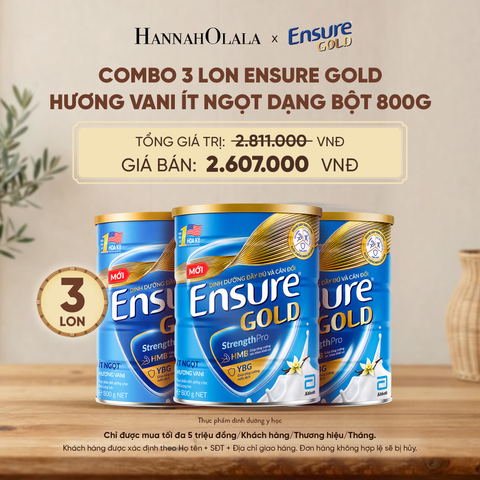  COMBO 3 LON ENSURE GOLD HƯƠNG VANI ÍT NGỌT DẠNG BỘT 800G DEAL 8: - D21 