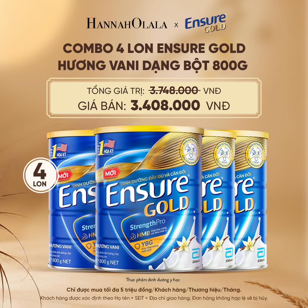  COMBO 4 LON ENSURE GOLD HƯƠNG VANI DẠNG BỘT 800G DEAL 9: - E155 