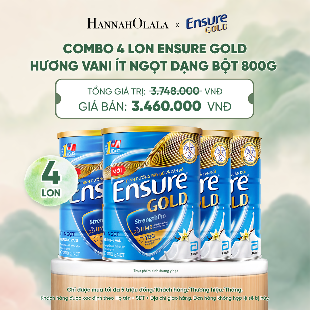 COMBO 4 LON ENSURE GOLD HƯƠNG VANI ÍT NGỌT DẠNG BỘT 800G DEAL 10: - A1559 