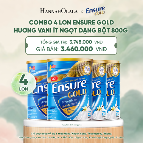  COMBO 4 LON ENSURE GOLD HƯƠNG VANI ÍT NGỌT DẠNG BỘT 800G DEAL 10: - A1559 