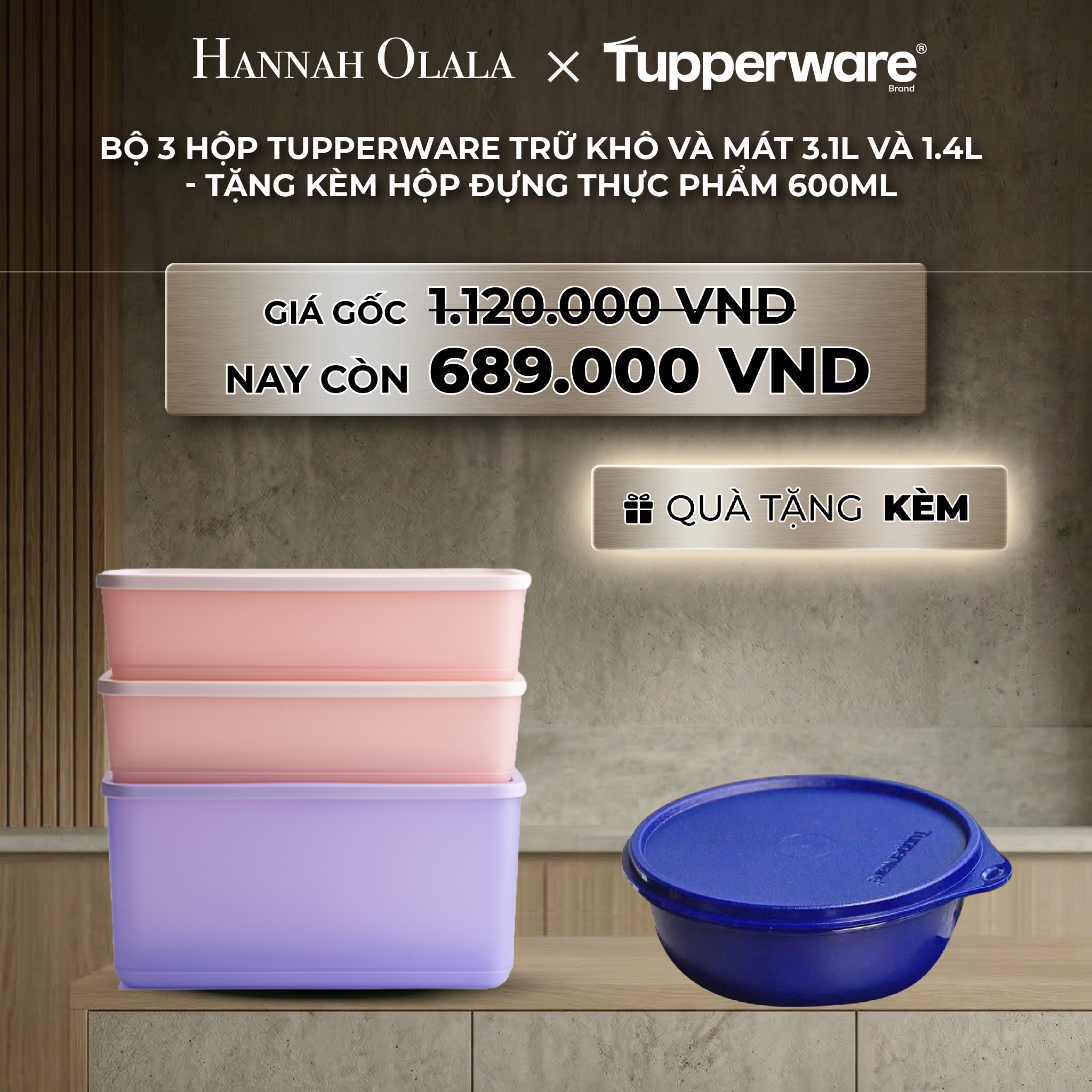 B41_deal 31 : bộ 3 hộp tupperware trữ khô và mát 3.1l và 1.4l - tặng kèm hộp đựng thực phẩm 600ml