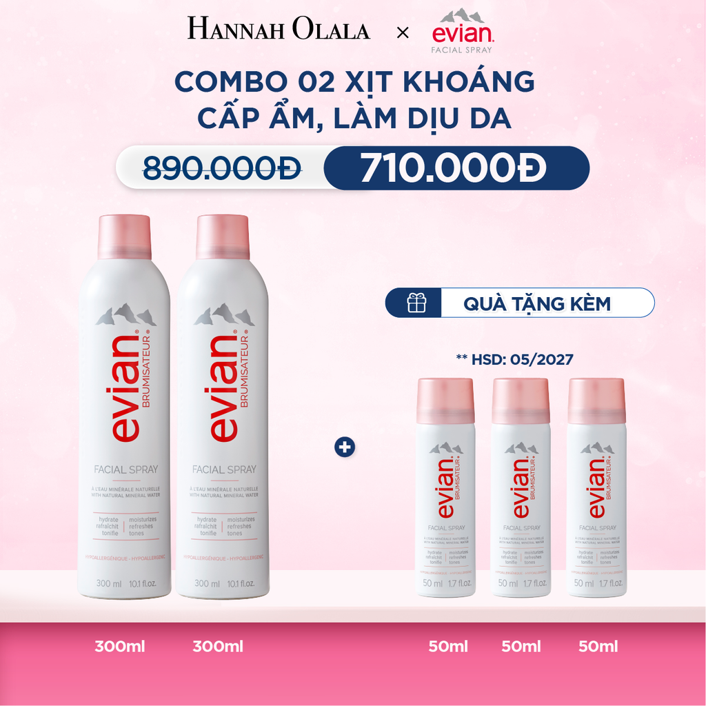  COMBO 2 CHAI XỊT KHOÁNG CẤP ẨM, LÀM DỊU DA EVIAN FACIAL SPRAY 300ML - M20 
