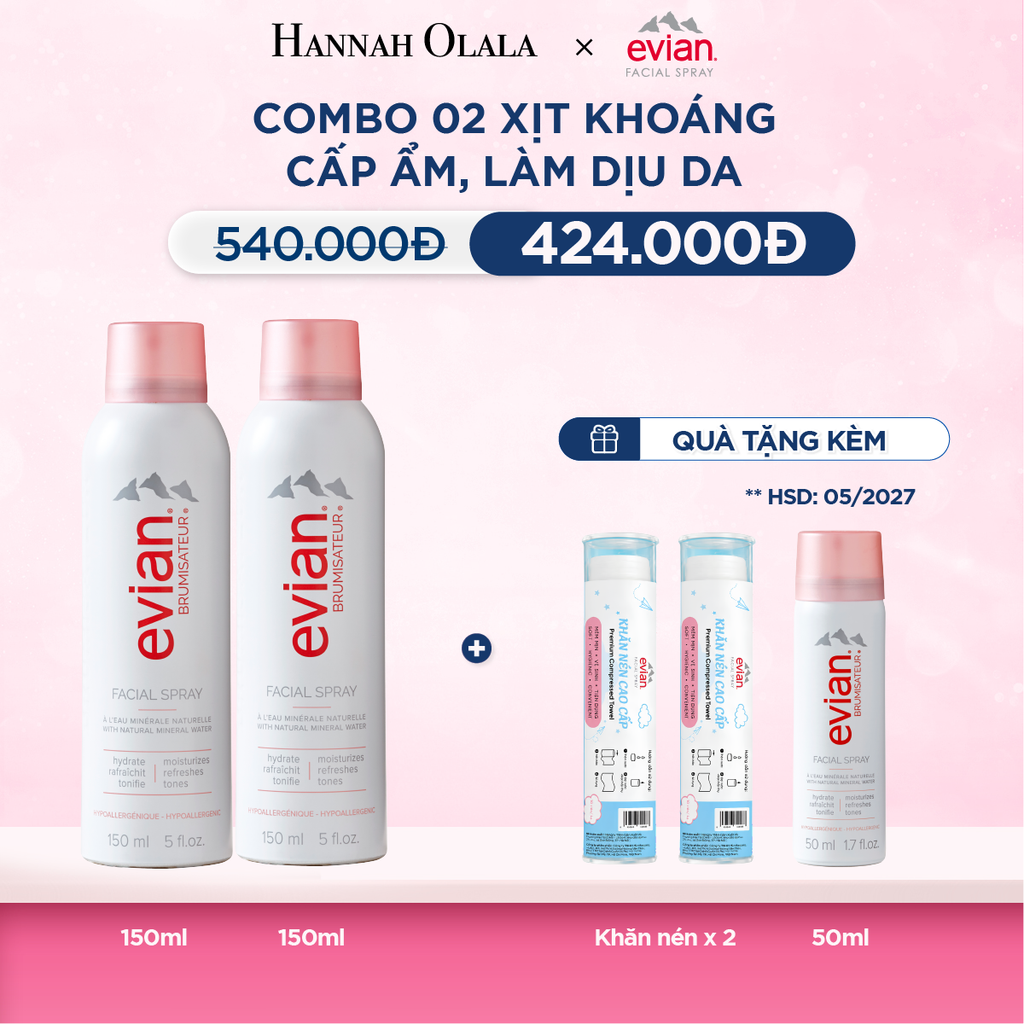  COMBO 2 CHAI XỊT KHOÁNG CẤP ẨM, LÀM DỊU DA EVIAN FACIAL SPRAY 150ML 