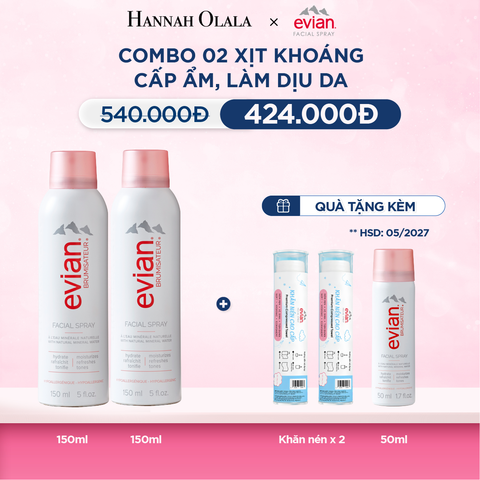  COMBO 2 CHAI XỊT KHOÁNG CẤP ẨM, LÀM DỊU DA EVIAN FACIAL SPRAY 150ML 
