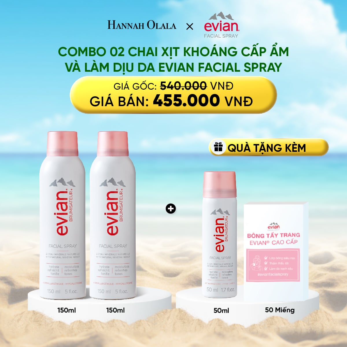 A1201_deal 3: combo 2 chai xịt khoáng cấp ẩm, làm dịu da evian facial spray 150ml