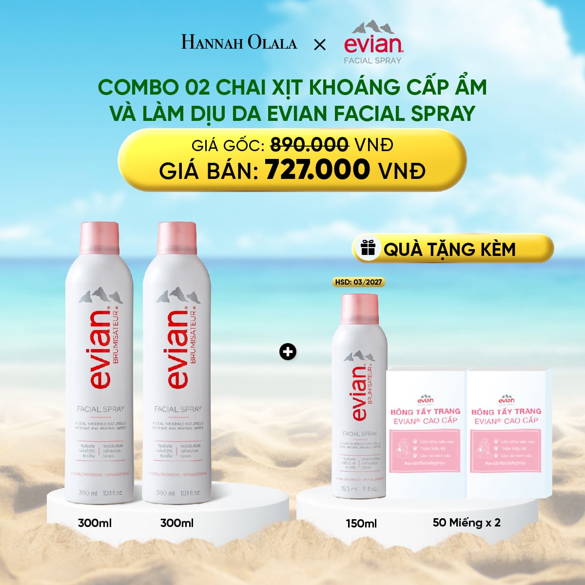 A1199_deal 1: combo 2 chai xịt khoáng cấp ẩm, làm dịu da evian facial spray 300ml