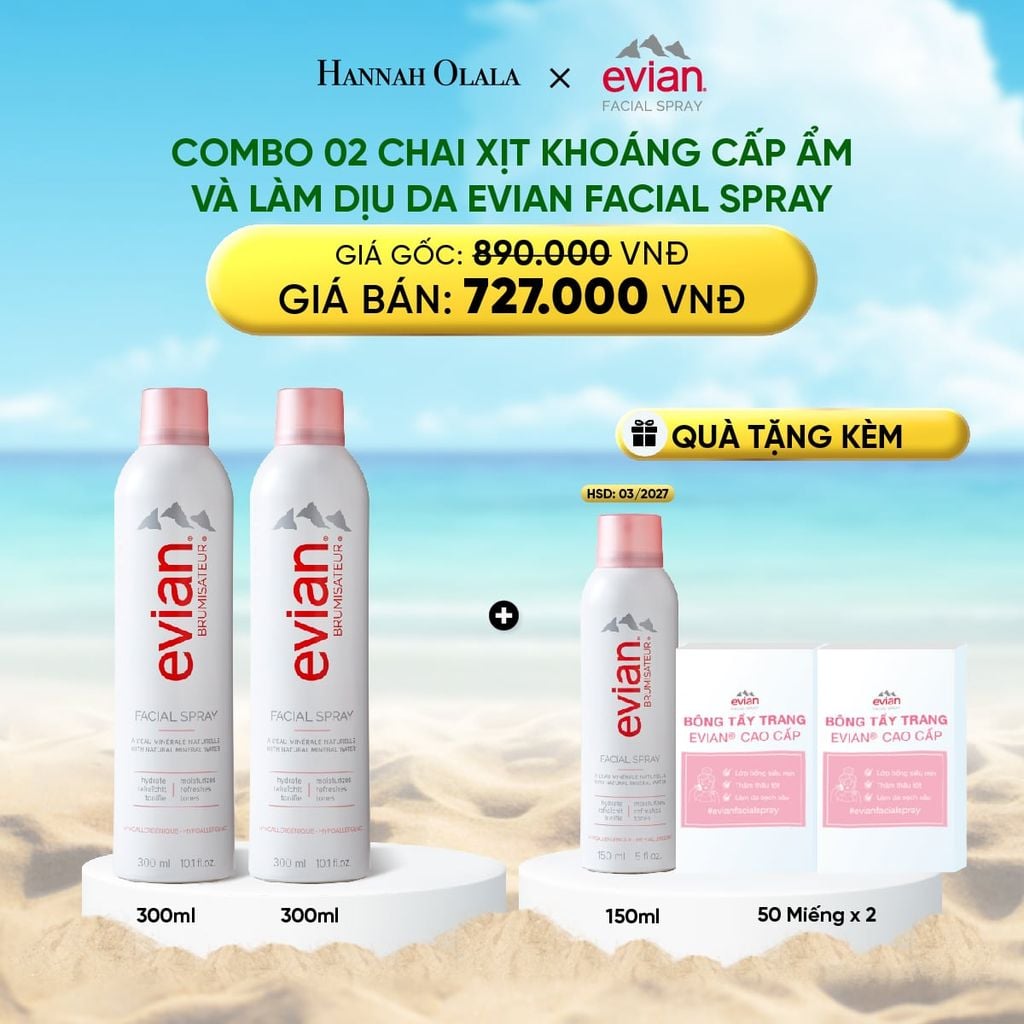  DEAL 1: COMBO 2 CHAI XỊT KHOÁNG CẤP ẨM, LÀM DỊU DA EVIAN FACIAL SPRAY 300ML 