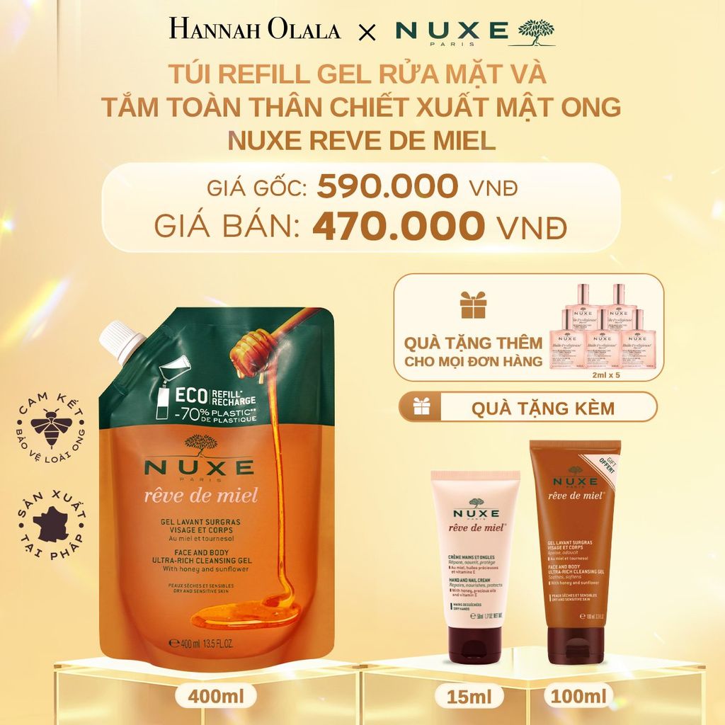  C712_DEAL 5: TÚI REFILL GEL RỬA MẶT VÀ TẮM TOÀN THÂN CHIẾT XUẤT MẬT ONG CHO DA KHÔ VÀ DA NHẠY CẢM NUXE REVE DE MIEL 400ML 