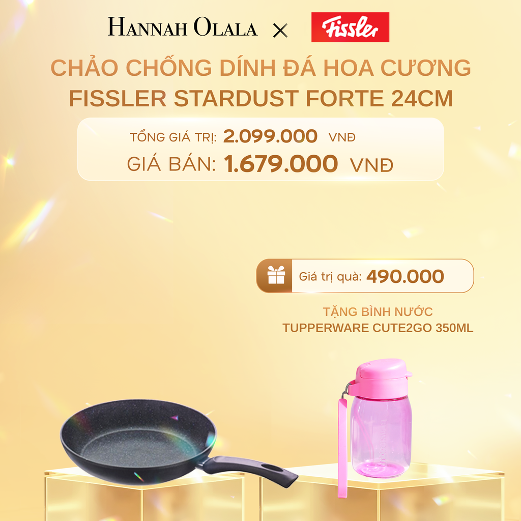  C379_DEAL 1: CHẢO CHỐNG DÍNH ĐÁ HOA CƯƠNG FISSLER STARDUST - SX TẠI ĐỨC TẶNG BÌNH NƯỚC TUPPERWARE CUTE2GO 350ML 