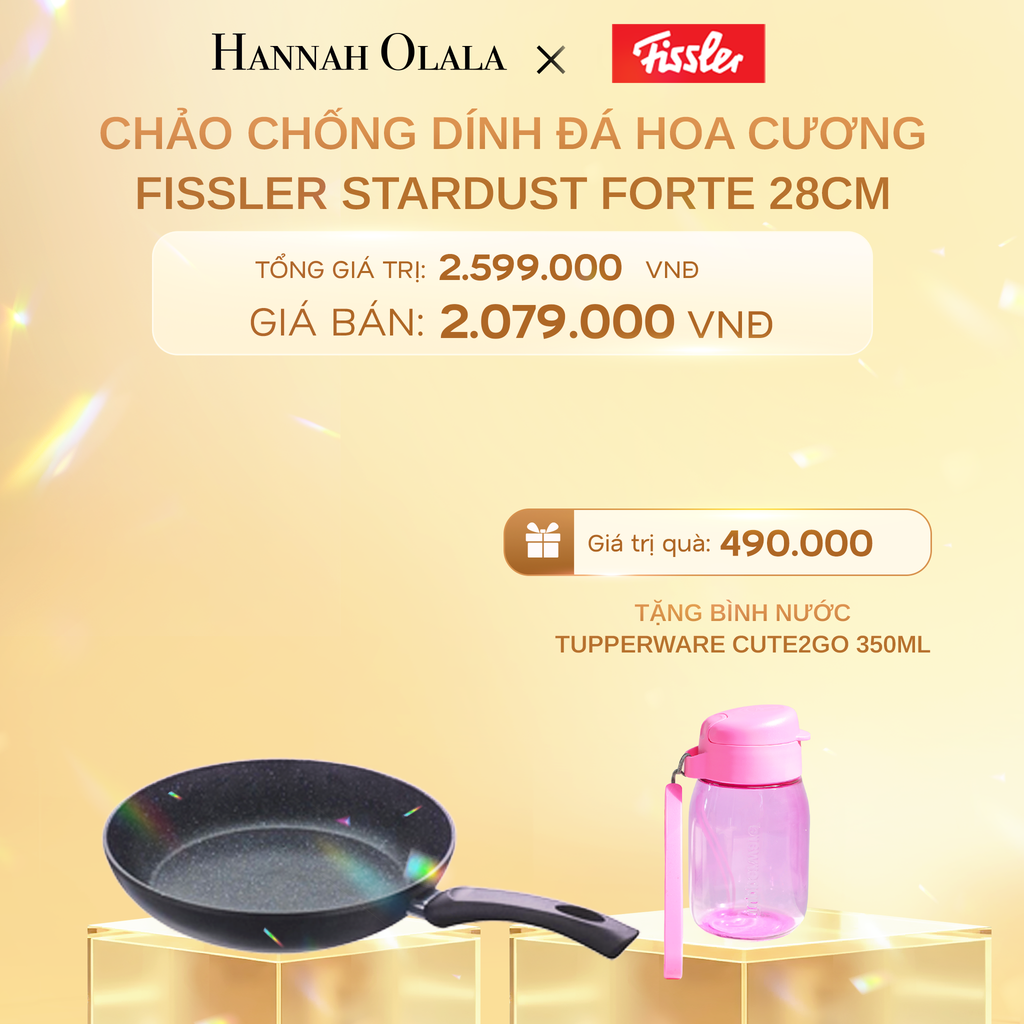  C379_DEAL 1: CHẢO CHỐNG DÍNH ĐÁ HOA CƯƠNG FISSLER STARDUST - SX TẠI ĐỨC TẶNG BÌNH NƯỚC TUPPERWARE CUTE2GO 350ML 