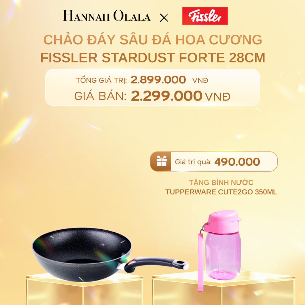  C381_DEAL 2: CHẢO ĐÁY SÂU ĐÁ HOA CƯƠNG FISSLER STARDUST 28CM - SX TẠI ĐỨC TẶNG BÌNH NƯỚC TUPPERWARE CUTE2GO 350ML 