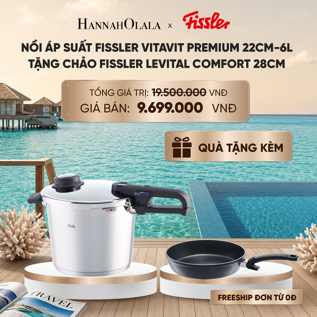  NỒI ÁP SUẤT FISSLER VITAVIT PREMIUM 22CM-6L TẶNG CHẢO FISSLER LEVITAL COMFORT 28CM_ D2085 